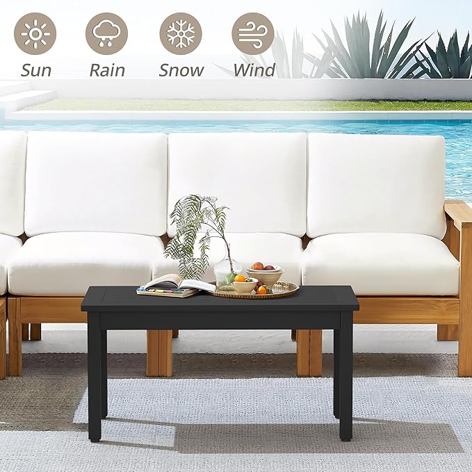 LUE BONA Outdoor Coffee Table Rectangle, 42.5" HDPS Patio Coffee Tables for Outside, All Weather Patio Coffee Table with Slatted Tabletop for Deck, Garden, Balcony, Indoor or Outdoor Use, Black