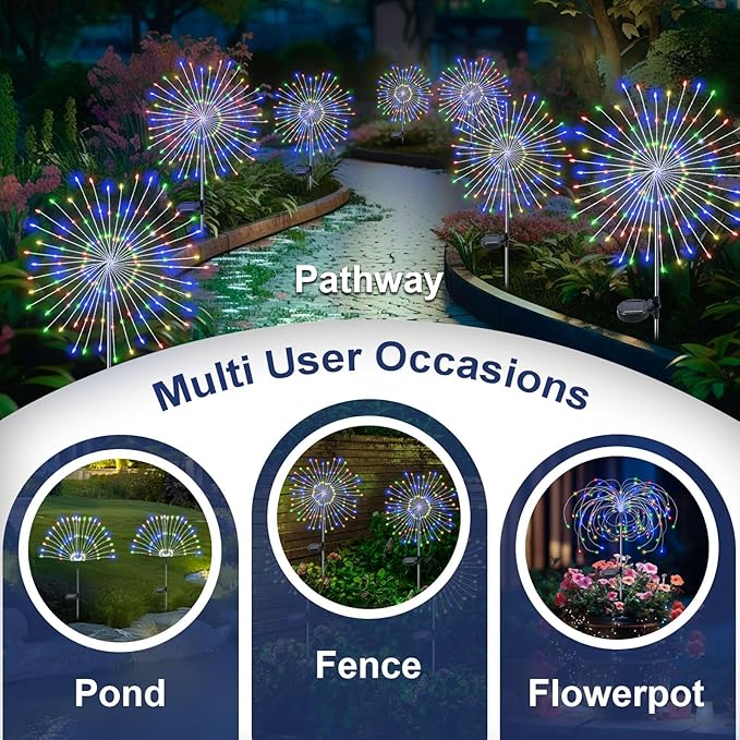 Solar Garden Lights Outdoor, 2 Pack 120 LED Twinkling Firework Lights Decorative with 2 Modes, Outdoor Waterproof Solar Starburst Light for Outside Yard Pathway Garden Decor, Multicolor