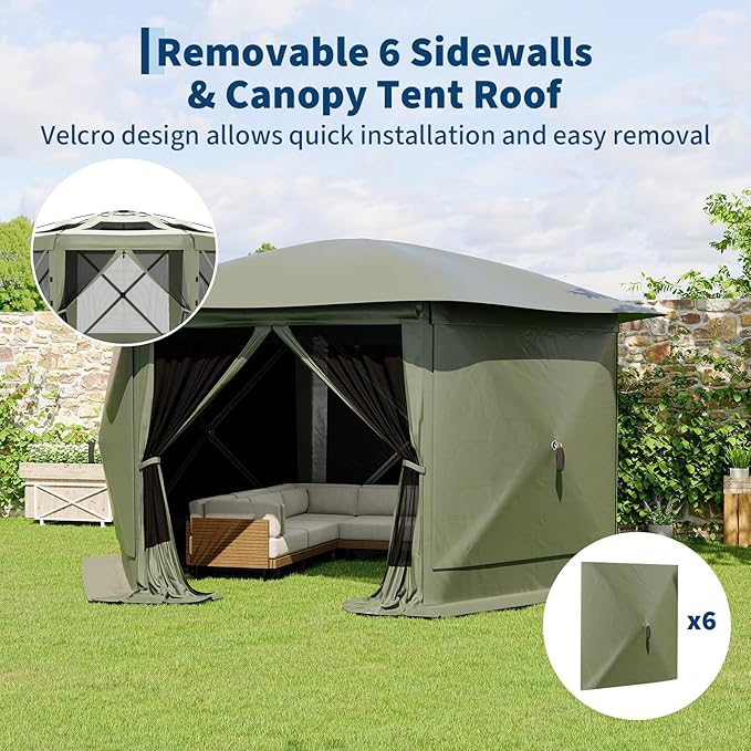 11.5x11.5FT 6-Sided Pop Up Gazebo Tent，One-Push Setup Canopy Tent with Mesh Panels & Removable Wind Cloths, Outdoor shelter for Camping, Backyard Parties, Outdoor Events - Army Green