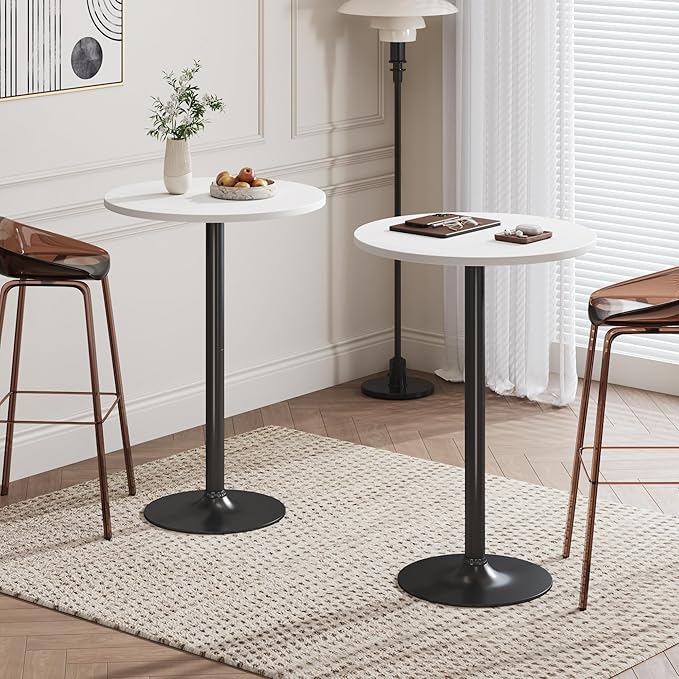 Flamaker Round Bistro Pub Table Modern Style Metal Base MDF Top Cocktail Bar Table Counter Bar Height for Pub, Dining Room, Party (1, White-Black)