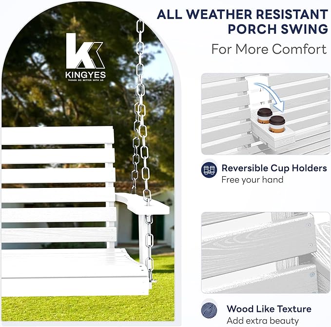 KINGYES Outdoor Hanging Porch Swing Set of 2, Waterproof Swing with Cup Holders for Courtyard & Garden, 660LBS Weight Capacity, White
