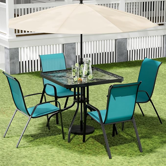 Arlopu 5 Piece Outdoor Patio Dining Set (Umbrella not Included), Porch Furniture with 4 Textline Chairs, 1 Square Glass Table for Garden, Backyard and Poolside, Lawn (Blue)