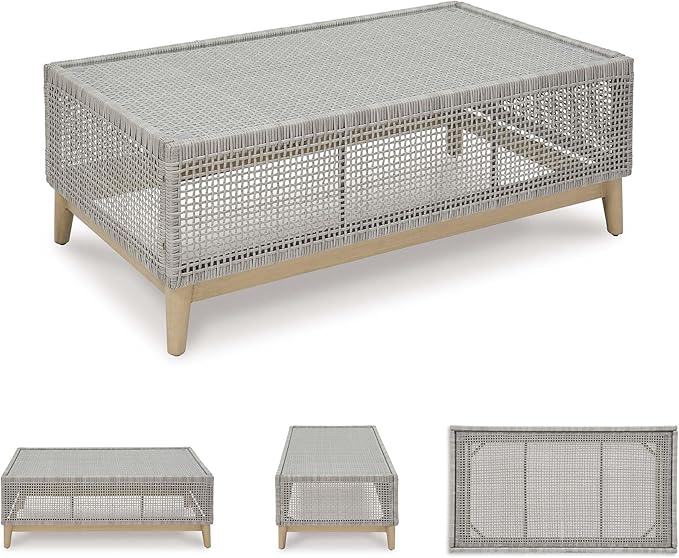 Signature Design by Ashley Seton Creek Casual Resin Wicker Outdoor Coffee Table with Tempered Glass Tabletop, Light Gray & Light Brown