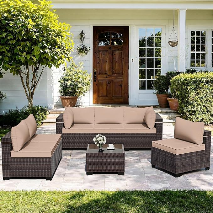 ALAULM Patio Furniture Set with Coffee Table, 7 Pieces Outdoor Sectional with Wide Seat and Thick Cushion, All Weather Wicker Rattan Conversation Set for Backyard, Garden, Deck, Sand