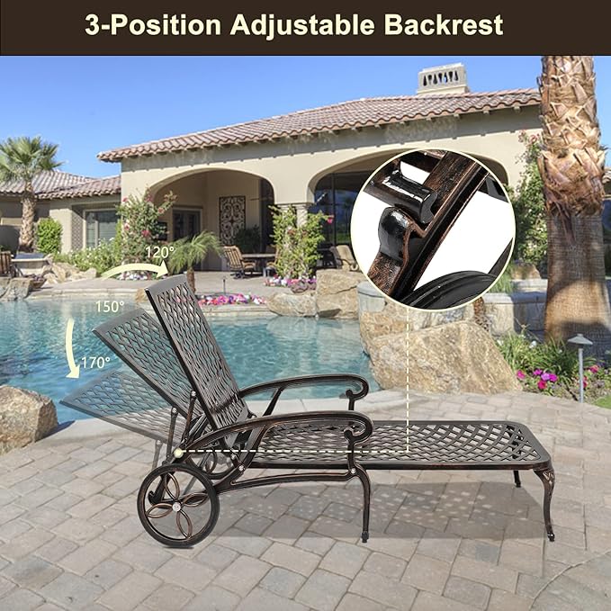 VINGLI Cast Aluminum Outdoor Chaise Lounge Chair with Wheels, Patio Chaise Lounge with 3-Position Adjustable Backrest, Tanning Chair Reclining Chair for Poolside (Bronze, Without Cushion)