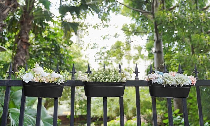 Dahey 3 Pcs Metal Hanging Flower Pots for Railing Fence Outdoor Planter 15.7 Inch Hanging Bucket Pots Countryside Window Flower Plant Holder with Detachable Hooks for Garden Yard Home Decor,Black