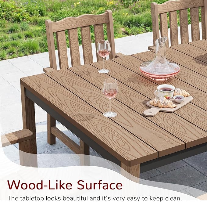 Stoog 63" All-Weather Patio Dining Table, HIPS Waterproof Tabletop with Cross-Braced Aluminum Frame & Umbrella Hole, Fade & Rot Resistant, for Backyard, Garden, Deck, Teak