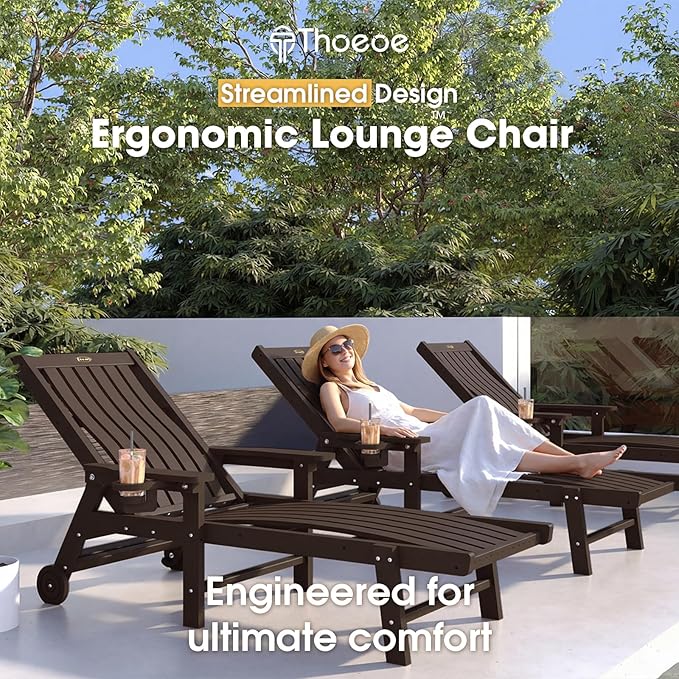 Patio Chaise Lounge Chair Set of 4, Oversized Lounge Chair Outdoor with 5 Positions, HDPE, Patio Lounge Chair with Wheels & Cup Holder for Pool, Deck, Poolside,Brown
