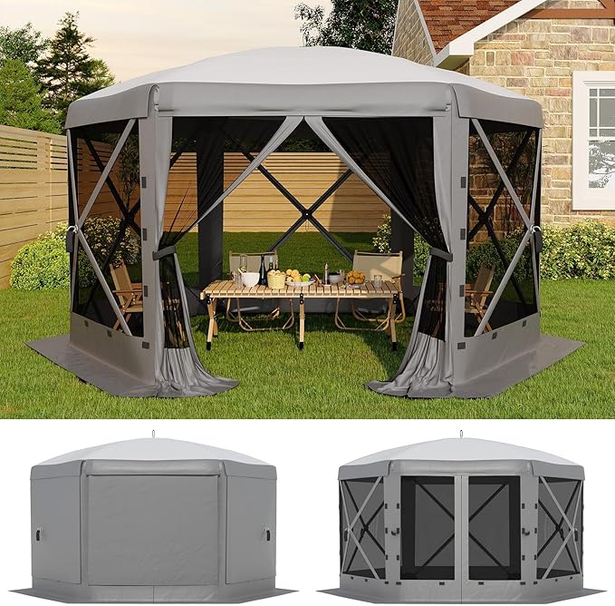 11.5x11.5FT 6-Sided Pop Up Gazebo Tent，One-Push Setup Canopy Tent with Mesh Panels & Removable Wind Cloths, Outdoor shelter for Camping, Backyard Parties, Outdoor Events - Grey