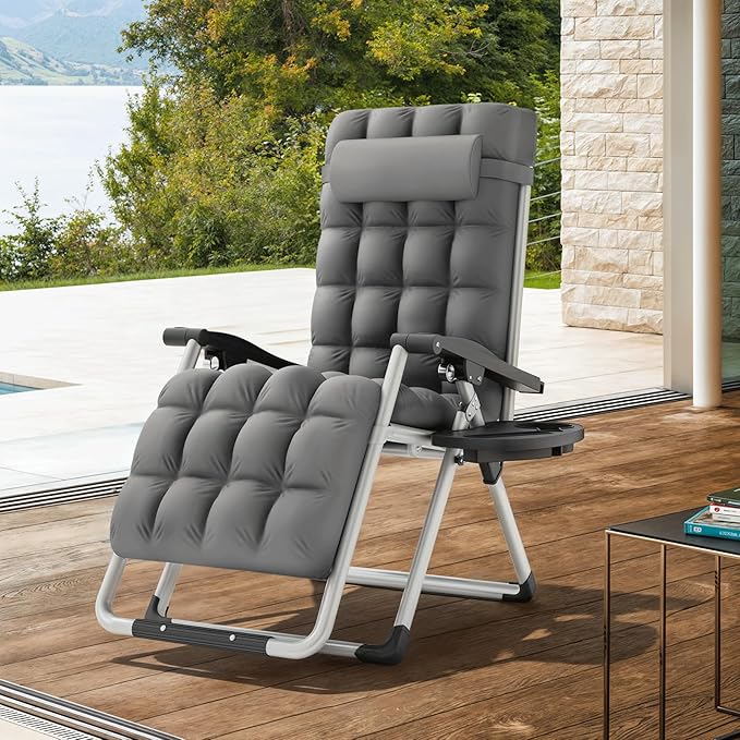 MoNiBloom Beach Chaise Lounge Chair, Patio Folding Recliner with Removable Cushion, Headrest & Tray, Portable Tanning Sunbathing Chair for Poolside Beach Porch Yard, Reinforced Bar, 330lbs Grey