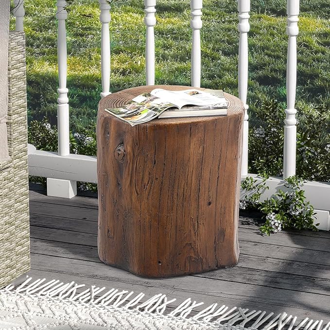 SUNBURY Outdoor Side Table Set of 2, Tree Stump Side Table Brown Colored Faux Wood, Wood Stump Stool, Ottoman or Plant Stand, Deck or Garden