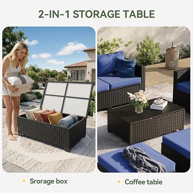 Aoxun 8 Piece Outdoor Patio Furniture Set 7 Seats, Outdoor Sectional with Thick Waterproof Cushions & Storage Coffee Table, Patio Conversation Sets for Garden,Backyard, Porch, Balcony, Deck, Blue