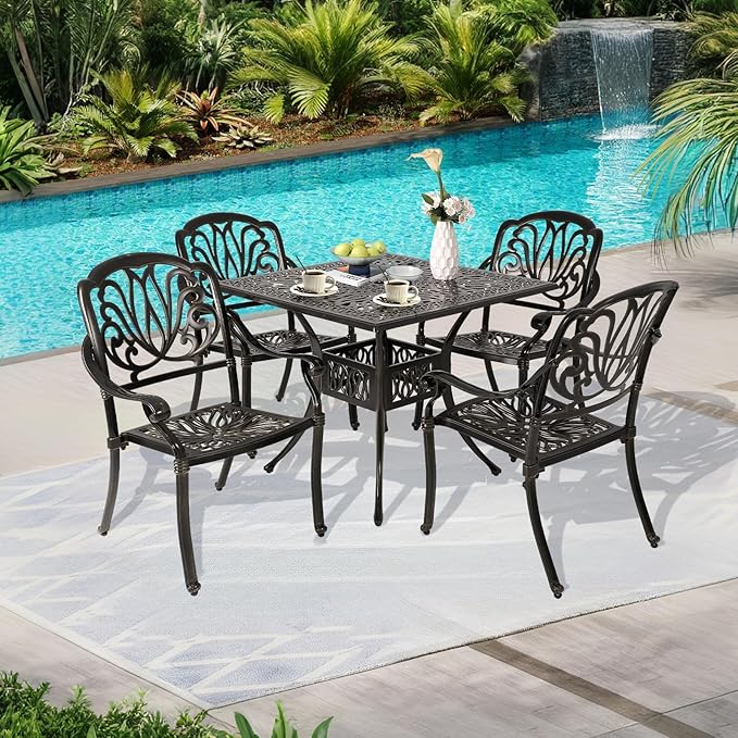 Cast Aluminum Outdoor Patio Dining Set, All Weather Outdoor Furniture Dining Set for Patio, Balcony, Lawn, Garden, Backyard (1 Square Table+ 4 Dining Chairs)