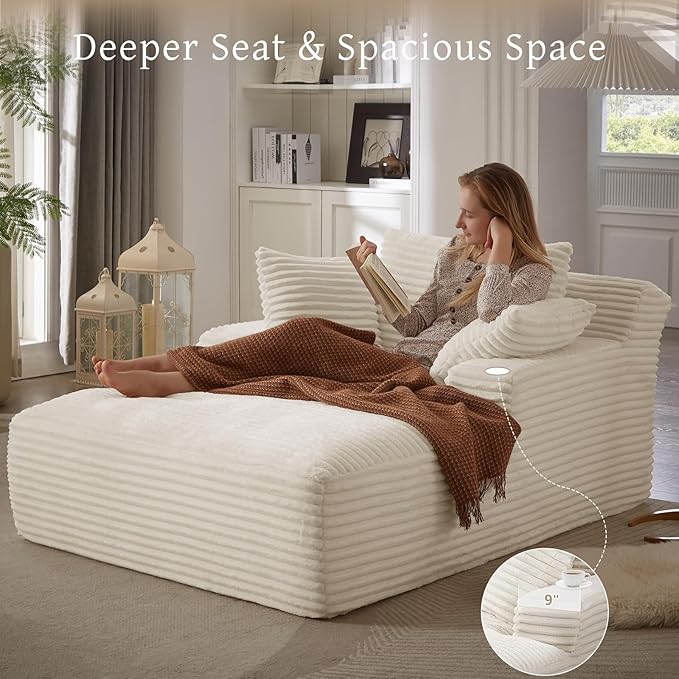66" Chaise Lounge Chair Indoor, Oversized Boneless Couch Comfy Upholstered Sleeper Sofa Bed with 3 Pillows, Corduroy Cloud Reading Chair for Living Room No Assembly Required, White
