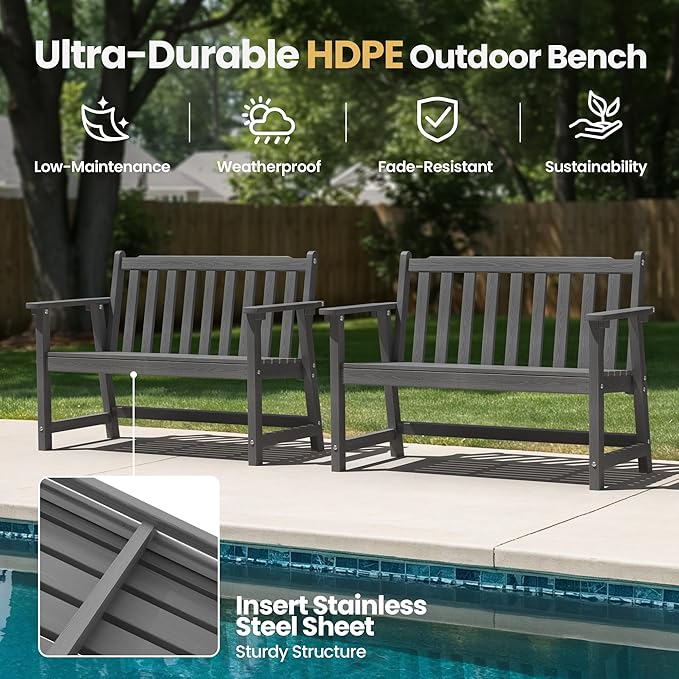 Ciokea 48" Outdoor Bench, HDPE Weatherproof Porch Bench, 2-Person Garden Benches with 550 Lbs, Waterproof Patio Benches for Outside Balcony Deck Backyard, Dark Grey