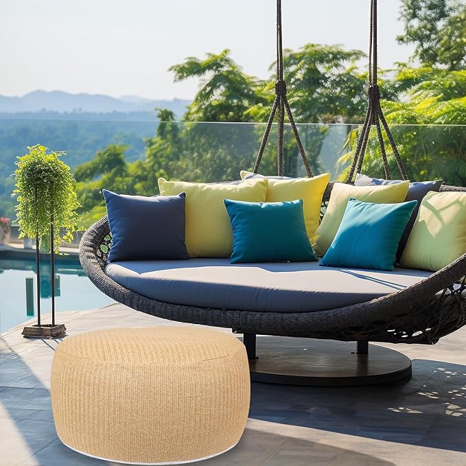 Woven Inflatable Ottoman, Fade-Resistant D31”x H14” Outdoor Indoor Pouf Patio Footrest Stool with Portable Handle, Round Ottoman for Patio Garden, Camping, Bedroom, Living Room