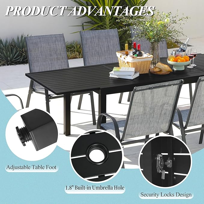 Outdoor Expandable Dining Table 71"-106" Aluminum Patio Dinner Table for 8-10 Person, Rectangular Metal Collapsible Tables with Umbrella Hole, Patio Tables with Extendable Top for Garden, Backyard