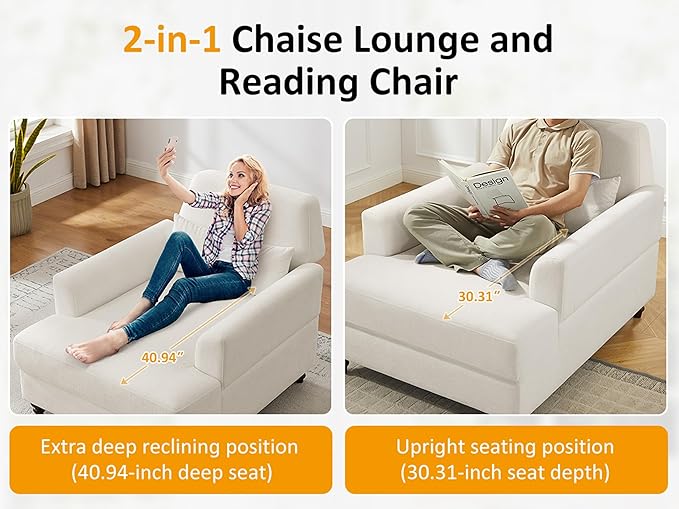 Oversized Chaise Lounge Accent Chair, Cloud Fluffy Chaise Sofa Recliner with Adjustable Backrest, Comfy Upholstered Sleeper Couch Bed, Modern Deep Seat Reading Armchair for Living Room, Movie, Bedroom