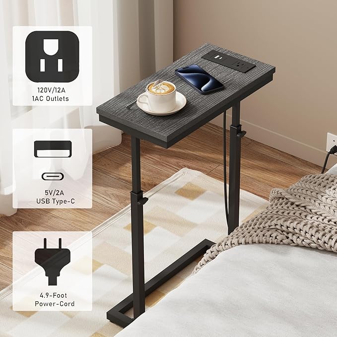 TUTOTAK End Table with Charging Station, Side Table, Tall Couch Table, Sofa Table, Living Room, Bedroom,Black TB01BK084