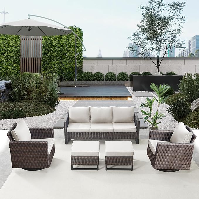 Belord Wicker Patio Furniture 5 Piece Outdoor Sofa Set, Oversize Outdoor Swivel Rocker Chairs with Rattan Ottomans, Conversation Sets Patio Furniture Come with Removable Cushion Beige, Anti-Rust Frame