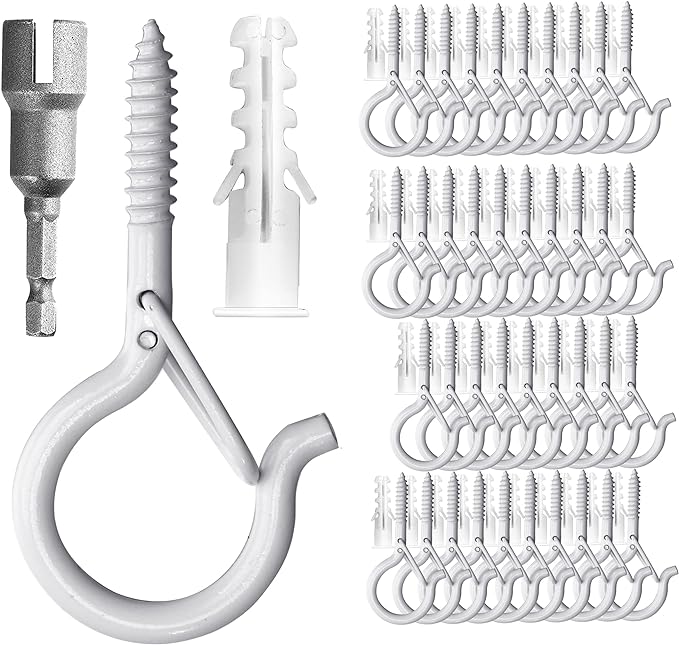 PlusRoc 40 Pack Ceiling Hooks for Hanging Plants Outdoor String Lights Heavy Duty, 2.2 Inch Eye Hook Screw in Cup Hooks Q-Hanger for Patio Lights, Wall Wood Fence Deck Mount(White)