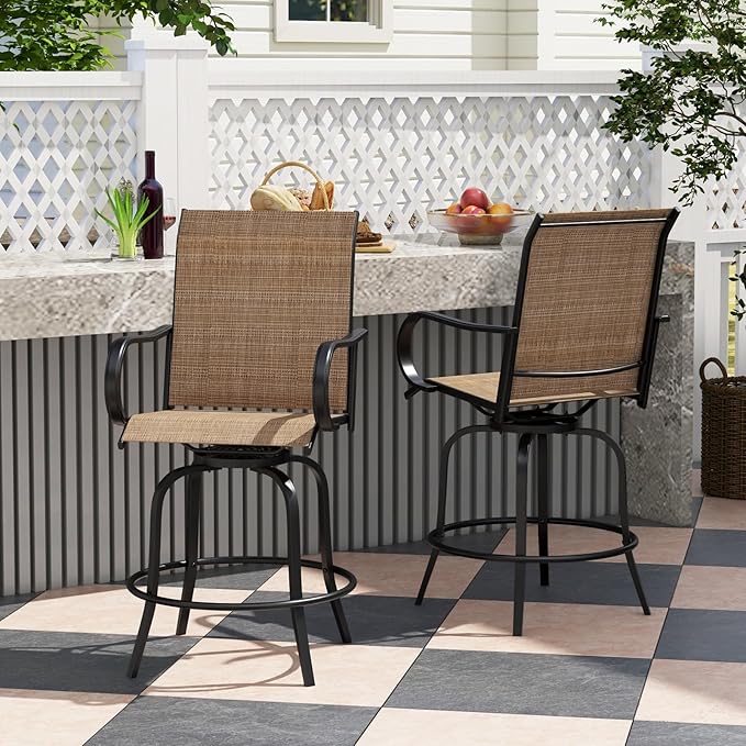 Giantex Set of 2 Swivel Outdoor Bar Stools, All-Weather Bar Height Patio Chairs, 330LBS Capacity, 360 Rotating Outside Bar Chairs with High Back Armrests, for Porch Yard Lawn Garden Pool (Brown)