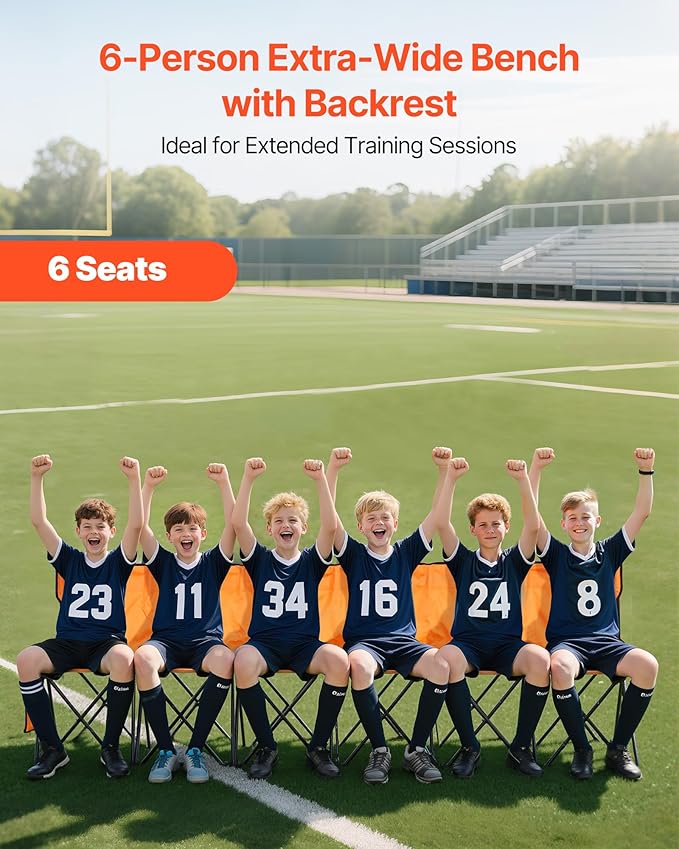 VEVOR Portable Folding Bench, 6 Seat Foldable Soccer Bench with Side Pockets and Carrying Bag, Lightweight Sideline Seating with Back Rest for Football, Baseball, Camping, Outdoor Events, Orange