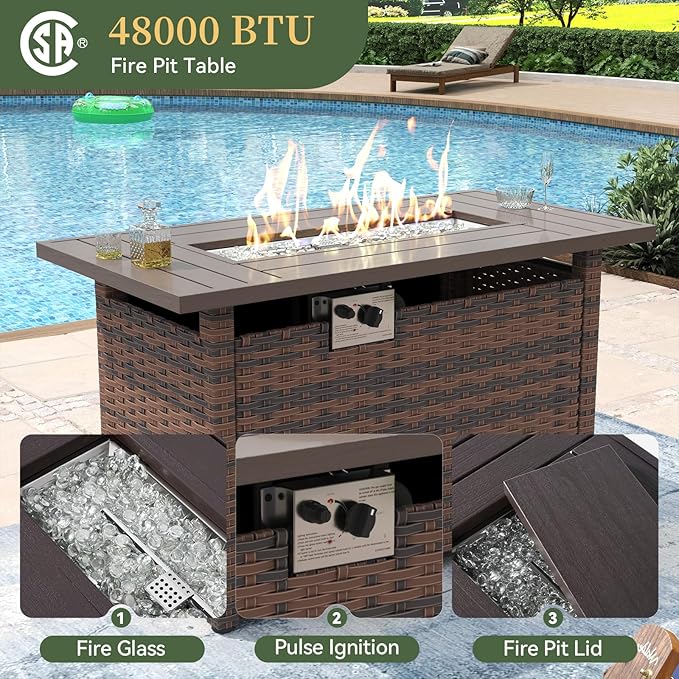 Aoxun 15 Piece Patio Furniture Set with 44” Fire Pit Table Wicker Rattan Outdoor Sectional Sofa Set with Coffee Table and Thickened Cushions, Grey (Waterproof Cover Included)