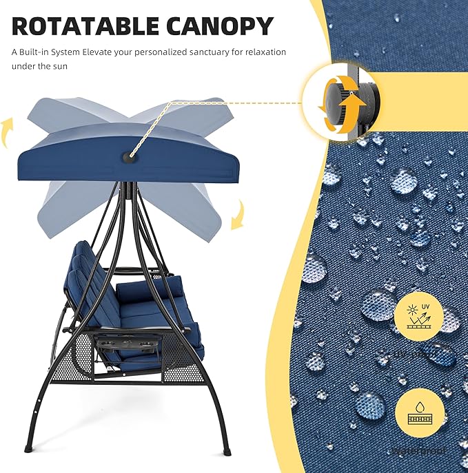 HOMREST 3 Person Outdoor Porch Swing with 1.5" Deep Cup Holder, Adjustable Canopy, Backrest, Patio Swing Bed with Weather Resistant Steel Frame, Cushions for Garden,Deck and Poolside(Blue)