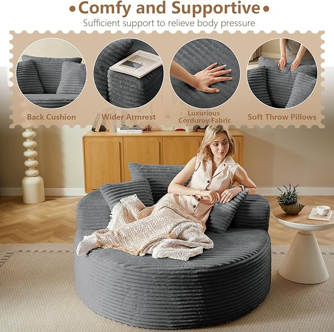 Oversized Round Chair Lounge Chaise Indoor, Upholstered Corduroy Deep Seat Cloud Large Circle Sofa Chair, No Assembly Required, Fluffy Modern Sleeper Sofa Bed for Reading, Living Room, Bedroom, Gray