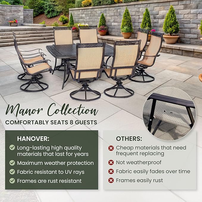 Hanover Manor 9-Piece Outdoor Dining Set with 8 PVC Sling Swivel Rockers and Rust-Resistant Aluminum 60" Square Outdoor Dining Table, Durable and Comfortable Patio Dining Set for 8