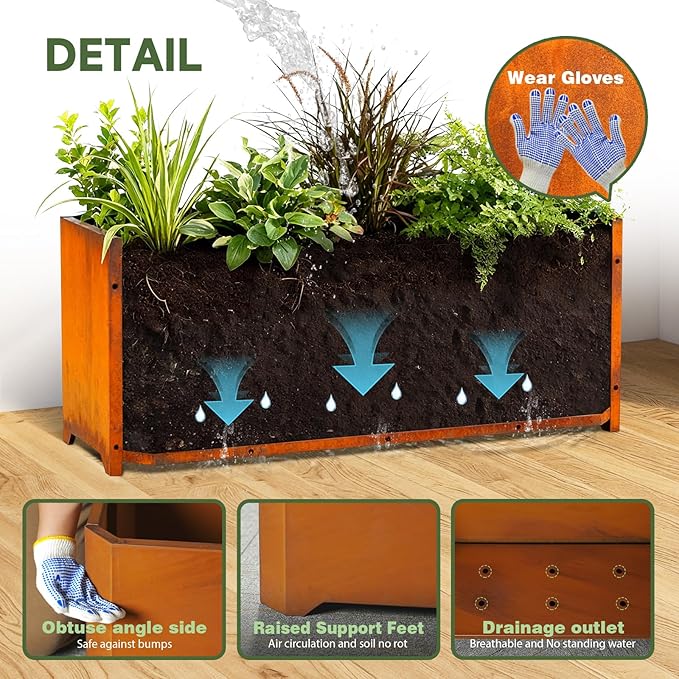 Corten Steel Planter Box-32"x15"x15"-Large Rectangular Planters For Outdoor Plants, Heavy Duty Rustic Tall Planter With Raised Support Feet For Patio, Deck, Garden, Yard, Drain Holes, Easy Assembly