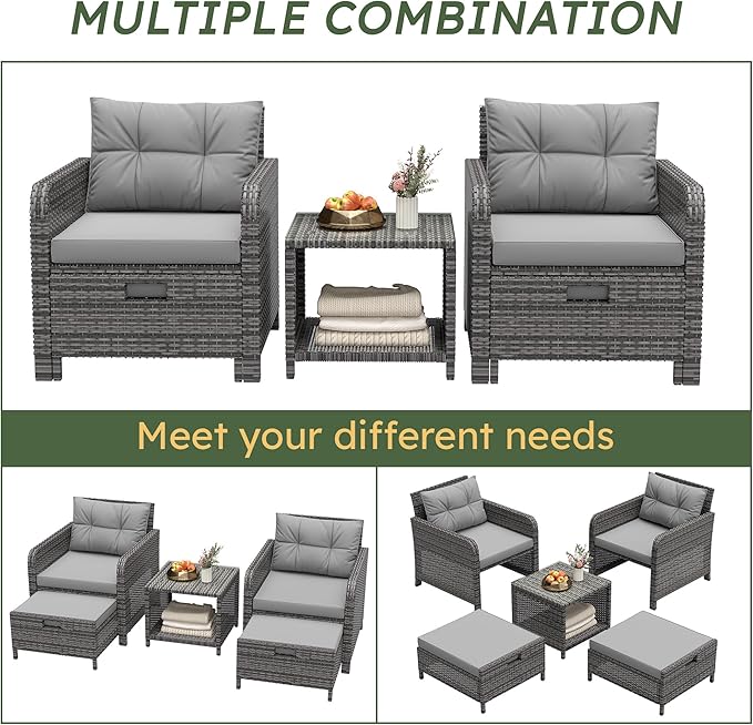 LHBcraft Balcony Furniture 5 Piece Patio Chairs Conversation Set, PE Wicker Rattan Outdoor Lounge Chairs with Soft Cushions 2 Ottoman-Glass Table for Porch, Charcoal