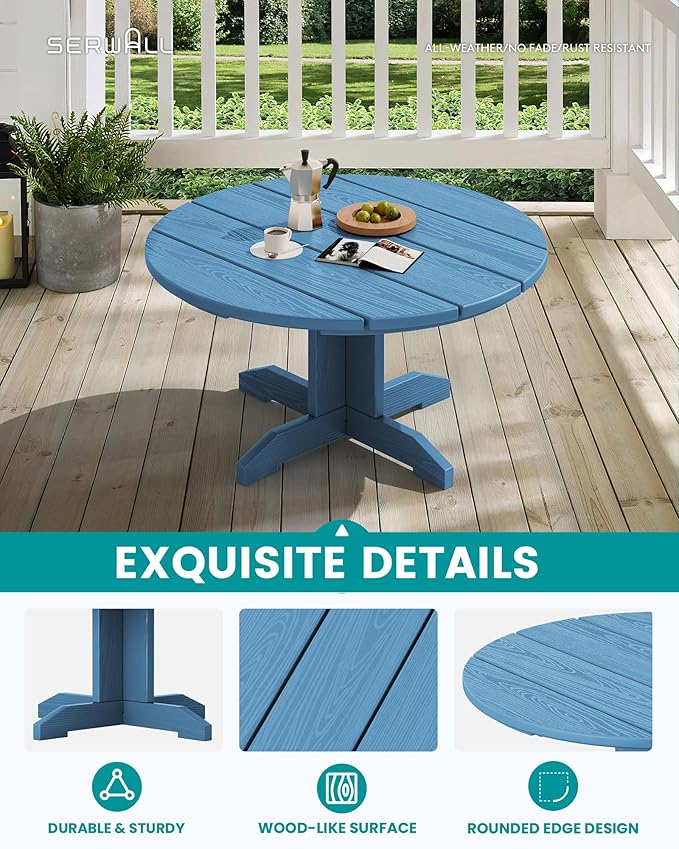 SERWALL Outdoor Round Coffee Table Set, 5-Piece Outdoor Coffee Table and Adirondack Chair with Cup Holders Blue