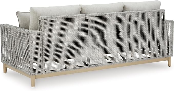 Signature Design by Ashley Seton Creek Cottage Nuvella Weather Resistant Fabric Outdoor Sofa with Cushion and 4 Throw Pillows, Light Brown & Light Gray
