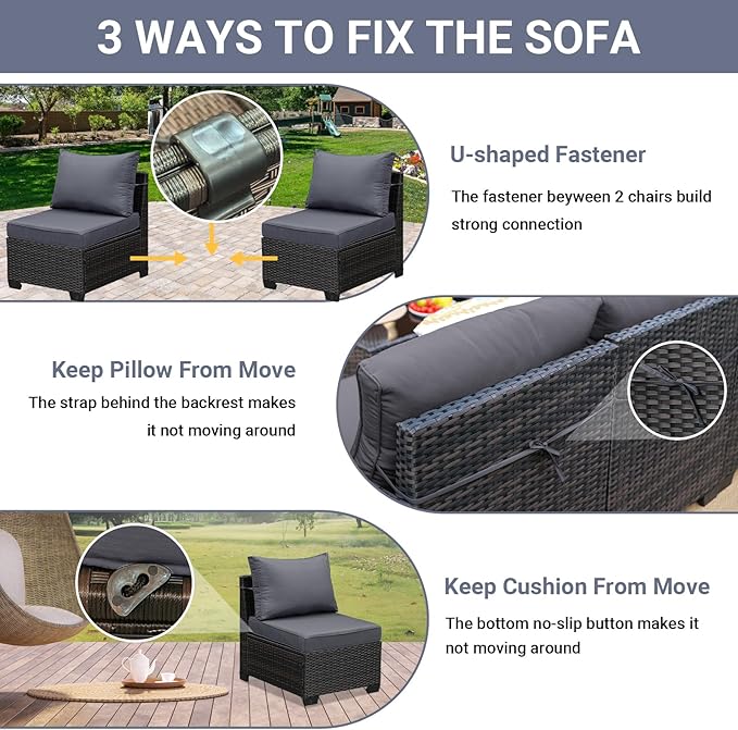 Jing's Villa 8-Piece Patio Furniture Set, All-Weather Outdoor Wicker Sectional Sofa with Cushions, Glass Table & Left and Right Armrest, Rattan Conversation Seating for Porch, Garden, Backyard,Grey