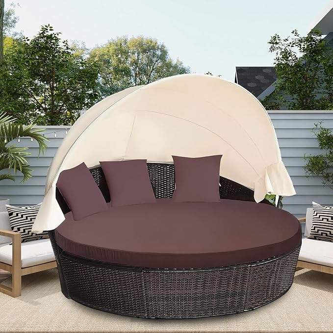 MICTONY Outdoor Daybed Cushion Cover, 66" Replacement Daybed Cover with Elastic Band, Sun Bed Cushion Cover, Outdoor Round Bed Cushion, Cover ONLY (Daybed NOT Included), Brown