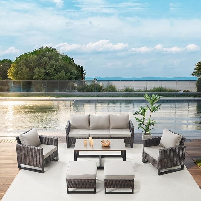 Belord 6 Piece Outdoor Furniture Patio Wicker Sofa Set, Oversize Outdoor Dining Chairs with Rattan Ottomans, Conversation Sets Patio Furniture Come with Removable Cushion Beige, Brown
