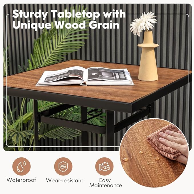 Tangkula 27.5 Inch Patio Bar Table, Outdoor Bar Height Table with 1.5" Umbrella Hole, Wooden-Like Tabletop & Heavy-Duty Metal Frame, Square Bistro High Top Table for Backyard, Balcony, Poolside