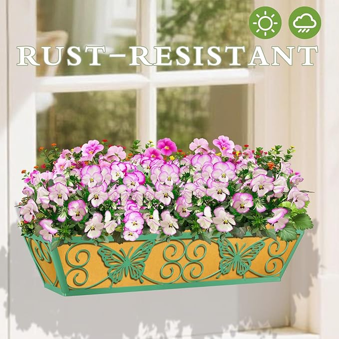 6 Pack 24 Inch Window Boxes Planters Railing Planter Box with Adjustable Brackets for Porch Fence Patio Balcony Hanging Flower Baskets with Woven Fabric for Outdoor Garden Decor - Green