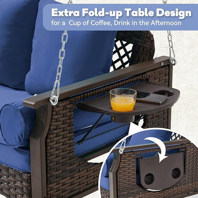 3 Seat Porch Swing, Wicker Patio Swing with Cup Holders & 3 Back Cushions, Yard Swing with Chains for Deck Garden Backyard,Brown Rattan, Blue Cushion, 56-inch