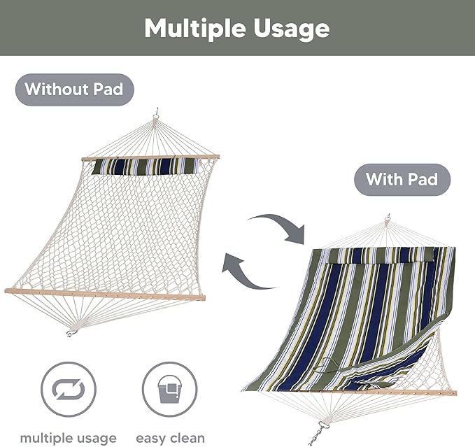 SUNCREAT Hammocks Outdoor Double Hammock with Hardwood Spreader Bar, Cotton Rope Hammock with Polyester Pad, Blue&Aqua