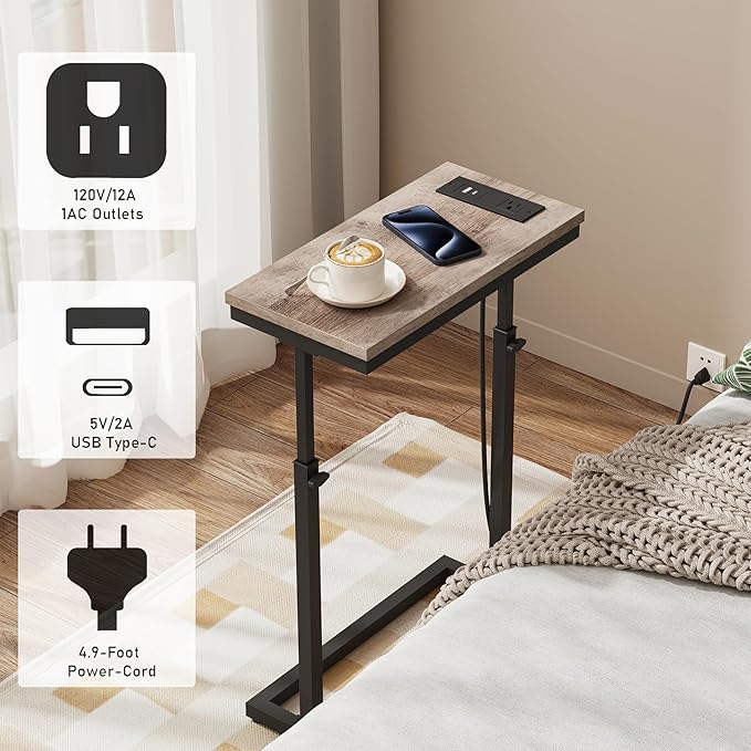 TUTOTAK End Table with Charging Station, Side Table, Tall Couch Table, Sofa Table, Living Room, Bedroom,Greige TB01BG084