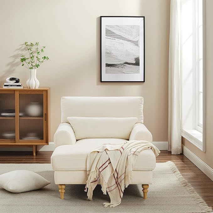 Modern Chaise Lounge Chair with Adjustable Backrest, Upholstered Indoor Leisure Sofa Recliner, Oversized Accent Chair Deep Seat Reading Armchair for Living Room, Bedroom, Office, Beige White