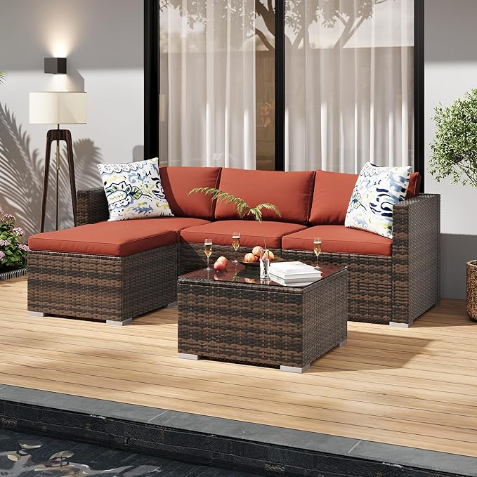GAOMON 5-Piece All-Weather Patio Furniture Set, Convertible Outdoor Sectional Sofa with Ottoman & Tempered Glass Table, PE Rattan Conversation Set for Garden, Backyard, Porch, Poolside