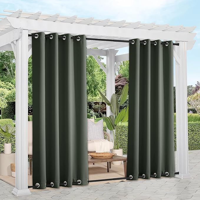 NICETOWN 2 Panels Greyish Green Blackout Bottom Weighted Outdoor Curtains for Patio, Top and Bottom Rustproof Grommet Windproof & Waterproof Thermal Outdoor Gazebo Curtains, W52 x L84