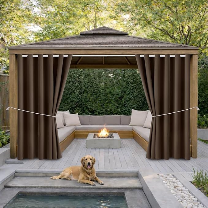 Outdoor Indoor Curtains for Patio Weather-resistant Window Panels Privacy Protect Grommet Top Thermal Insulated Home Curtain for Porch Pergola Garden Hot Tub Area (W84 x L108, Brown, 2 Panels)