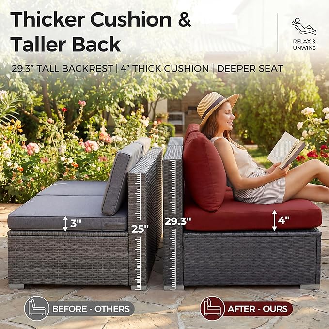 NICESOUL 11 Piece Outdoor Furniture with Fire Pit Propane/Gas, 29.3'' High Back Patio Sectional with Fire Pit & Chaise Lounge, 500 lbs Heavy Duty Large Deep Couches, 2 Color Cushion Burgundy & Gray