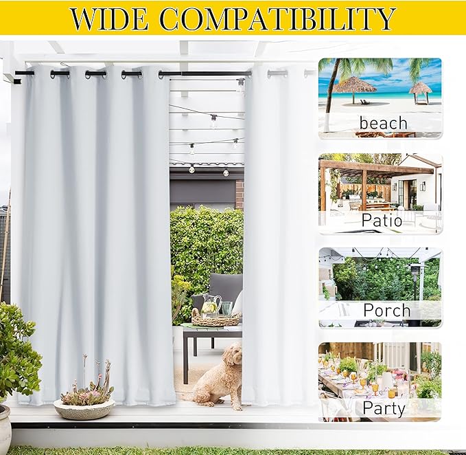 NICETOWN 2 Panels Outdoor Curtains for Patio Waterproof & Windproof, Extra Wide Grommet & Back Tab on Top & Bottom Thermal Insulated Sun Blocking Drapes with Rope for Deck, Greyish White, W100 x L108