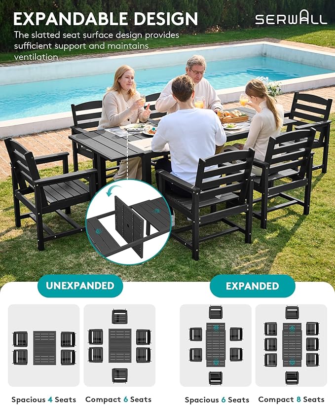 SERWALL 9-Piece Outdoor Dining Set, 60" - 83" Expandable Outdoor Dining Table and 8 HDPE Chairs, All Weather HDPE Outdoor Furniture Set for Backyard, Garden, Black